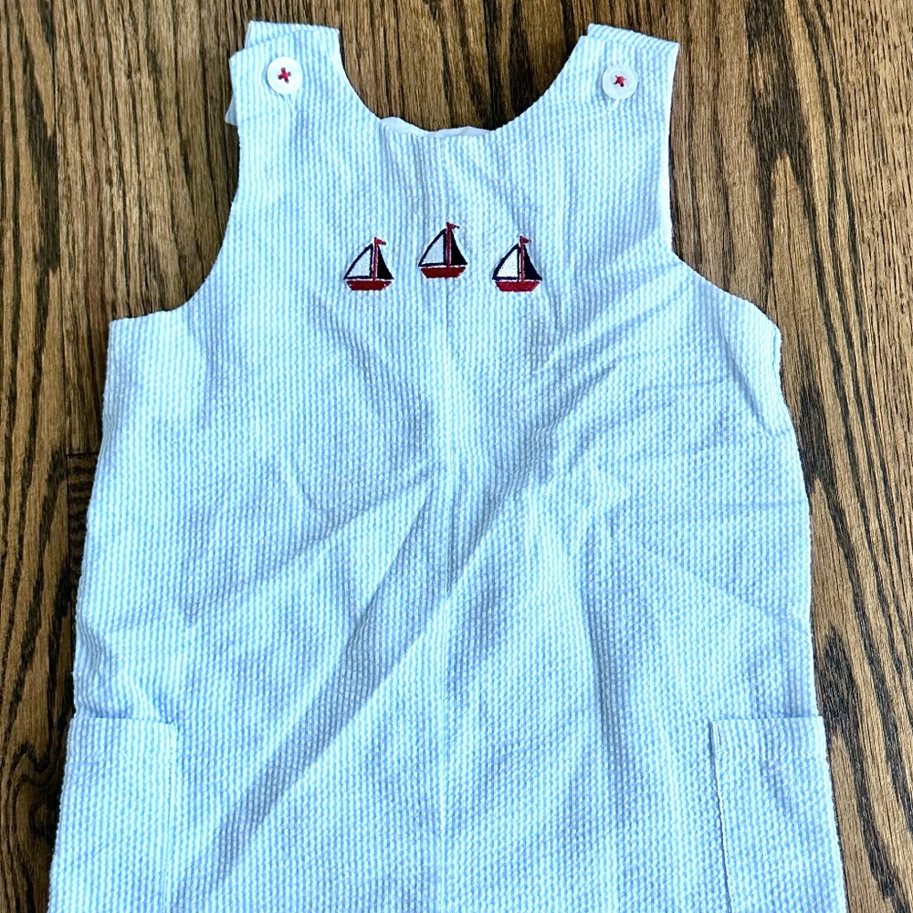 Seersucker Jumper Romper with sailboats button top 18M
